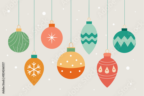 Retro christmas ornaments hanging with snowflakes on a light background