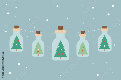 Christmas trees in bottles hanging with snow falling background