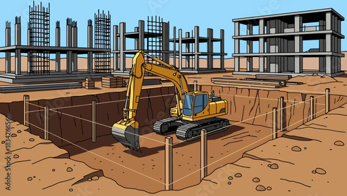 Excavator digging foundation near concrete structure skeletons