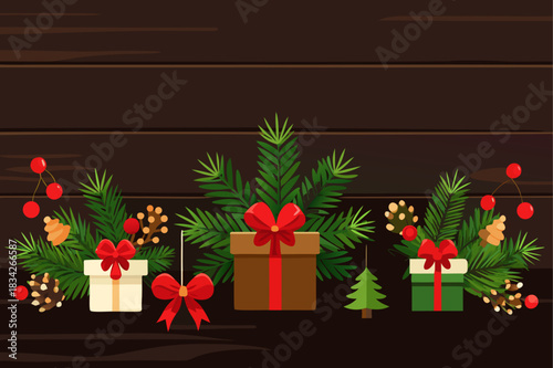 Christmas gifts and decorations on a dark wooden background illustration