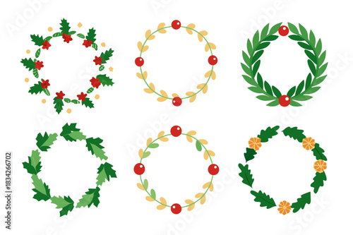 Set of six festive holiday wreaths with berries and leaves