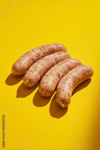 Salsicce crude su uno sfondo giallo brillante.