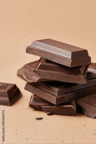 Pezzi di cioccolato fondente sovrapposti e disposti in modo naturale su uno sfondo neutro e monocolore.