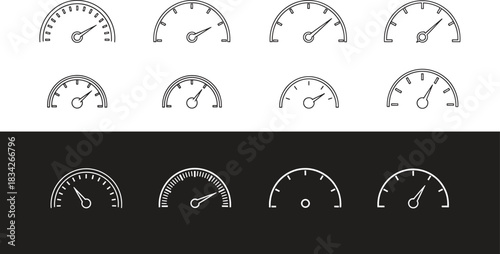 Collection of Speedometer Illustrations on Black and White Background representing different speeds