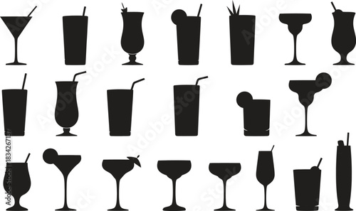 Collection of various cocktail glasses silhouettes on a clean white background