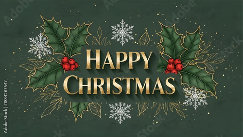 Golden Christmas Greeting: Festive composition with sparkling snowflakes, holly leaves, and red berries, conveying the spirit of the holiday season with a touch of elegance.