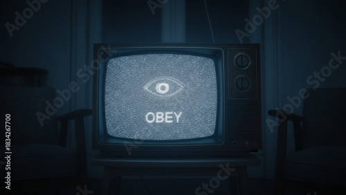 Old TV set with an eye symbol and the word obey on a noisy screen. Concept of conspiracy theory, mind control, and mass manipulation.