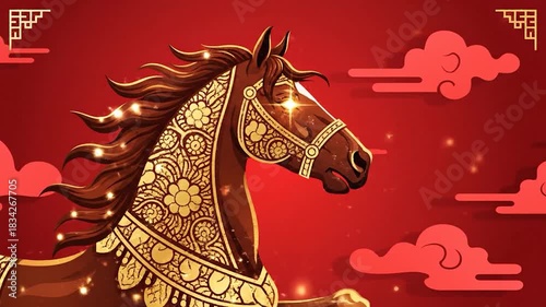 Majestic Horse Illustration with Traditional Chinese Decorations.