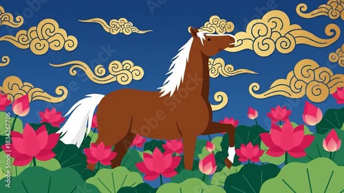 Majestic Horse Amidst Lotus Flowers and Auspicious Clouds.
