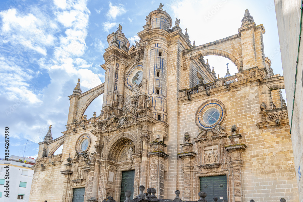 Fototapeta premium Jerez de la Frontera, Spain - May 15, 2025: Details of the exterior facade of the cathedral in Jerez de la Frontera, Spain