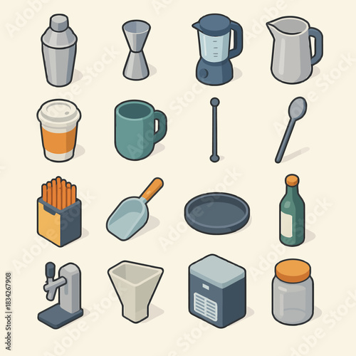 Isometric beverage tools collection: mixer, pitcher, blender, mugs, and accessories illustrated