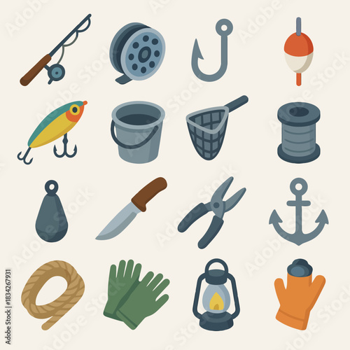 Fishing equipment icons: rod, reel, hook, bait, net, anchor, gloves, knife