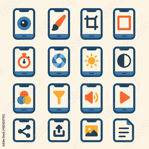 Vector icon set: mobile app interface design with editing and media functions