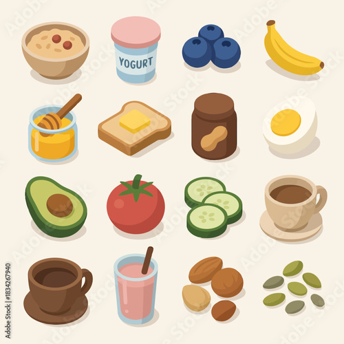 Healthy breakfast foods: oatmeal, yogurt, fruit, toast, nuts, beverages