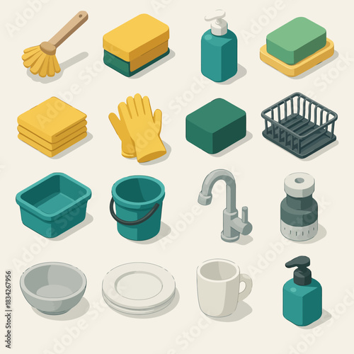 Isometric cleaning supplies and kitchenware collection on neutral background