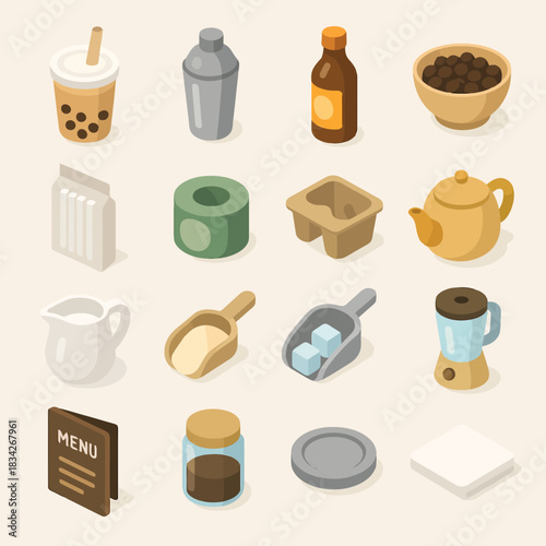 Isometric set of kitchen and beverage items including bubble tea, teapot, blender