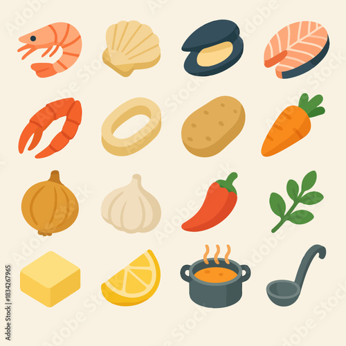 Seafood and vegetables icons set: shrimp, shell, potato, carrot, onion, garlic, herb