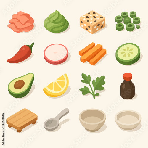 Isometric sushi ingredients collection with wasabi and soy sauce