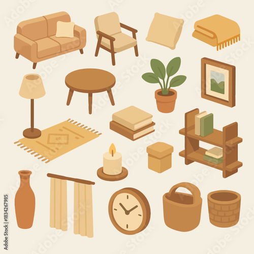 Mid-century modern home decor collection with furniture and accessories