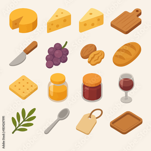 Cheese and wine set with grapes, bread, and kitchen utensils