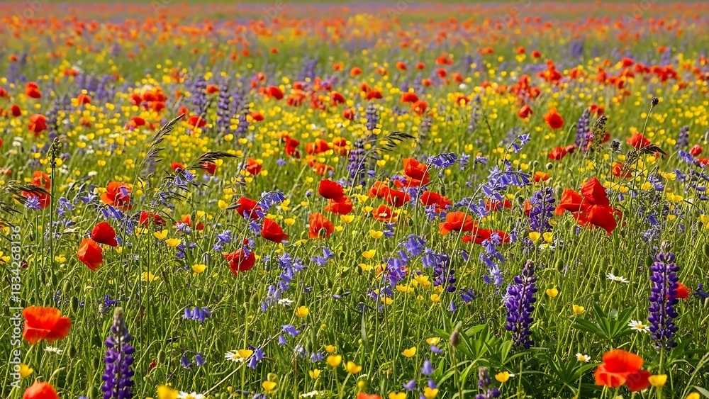 Fototapeta premium Vibrant Wildflower Meadow: Red Poppies Lupines Yellow Flowers Greenery.