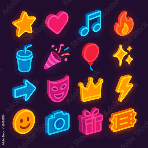 Neon icons: star, heart, music note, fire, drink, celebration, balloon, sparkles, arrow, mask, crown, lightning, smiley, camera, gift, ticket