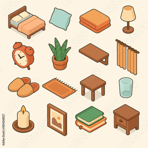 Isometric household objects set: furniture, decor, and accessories collection