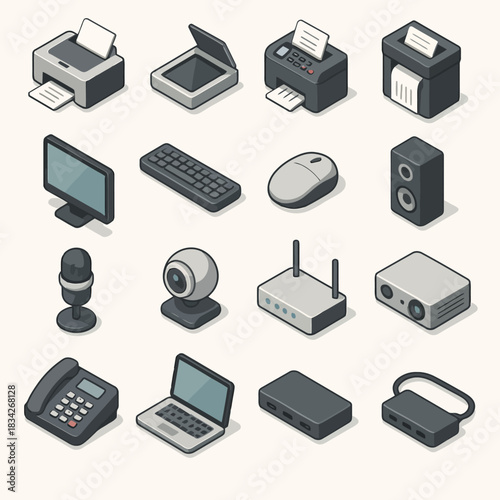 Isometric icons of office electronics and computer accessories