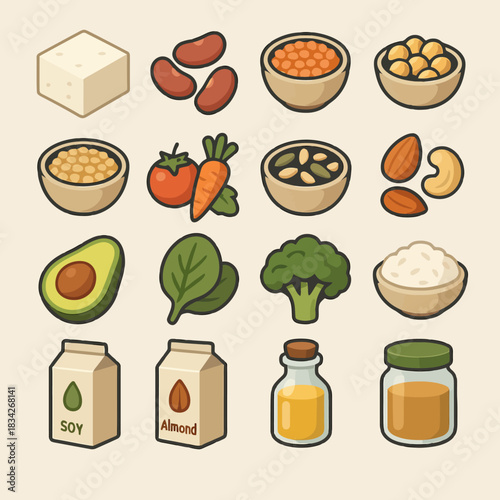 Variety of plant-based protein sources: tofu, beans, lentils, nuts, vegetables, milk