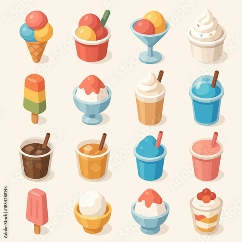 Colorful assortment of frozen desserts and drinks in various cups and cones
