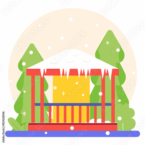 Winter Bird Feeder Scene with Snow and Evergreen Trees.