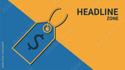 Vector illustration of a shopping price tag with a dollar symbol on a geometric blue and orange background. Concept for sales, promotions, and e-commerce