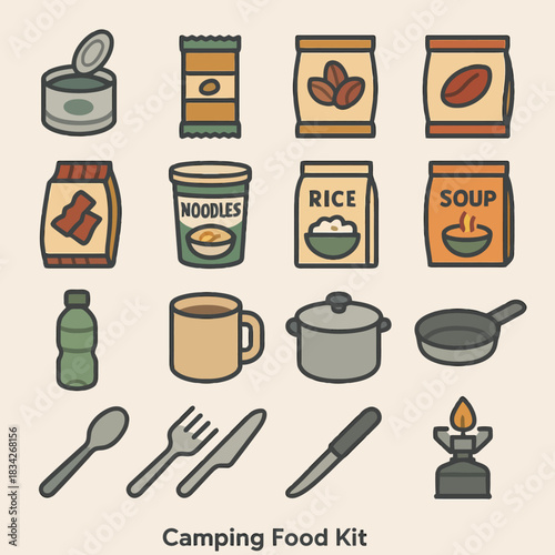 Illustrated camping food kit with cans, packs, utensils, and stove