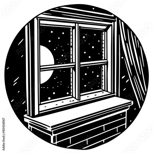 Window View of Night Sky with Moon and Stars.