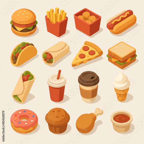 Assorted fast food icons including burger, fries, taco, pizza, hotdog, and ice cream