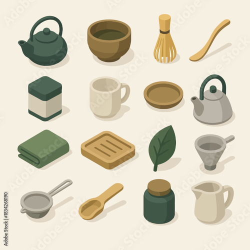 Traditional japanese tea set with teapot, cups, and matcha accessories on display