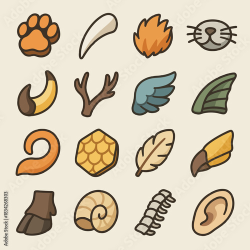 Cartoon animal features: paw, horn, antlers, wings, tail, shell, ear icons