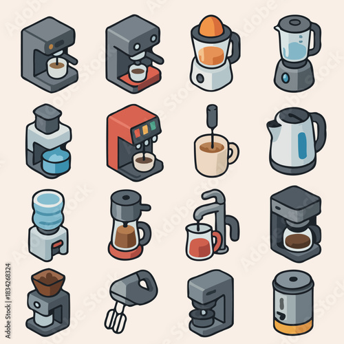 Collection of isometric kitchen appliances featuring coffee makers and blenders