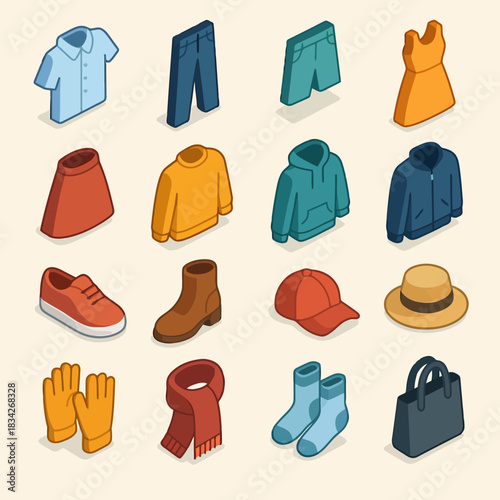 Colorful isometric clothing and accessories set