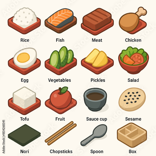 Isometric japanese food icons featuring sushi, rice, vegetables, and more