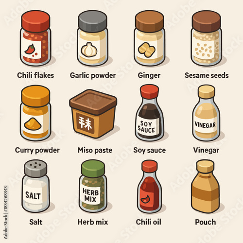 Assorted spice and condiment jars: chili, garlic, ginger, sesame, curry, miso, soy, vinegar, salt