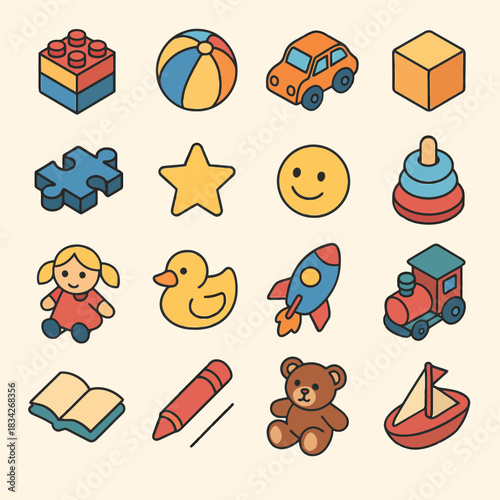 Colorful collection of classic children's toys and shapes
