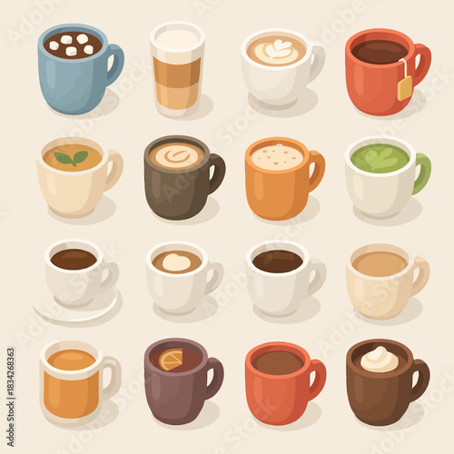Colorful variety of coffee and tea cups featuring different styles and toppings