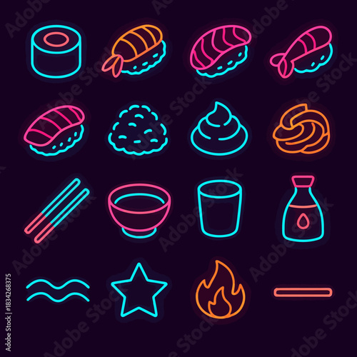 Neon sushi icons set featuring nigiri, maki, and utensils in bright colors