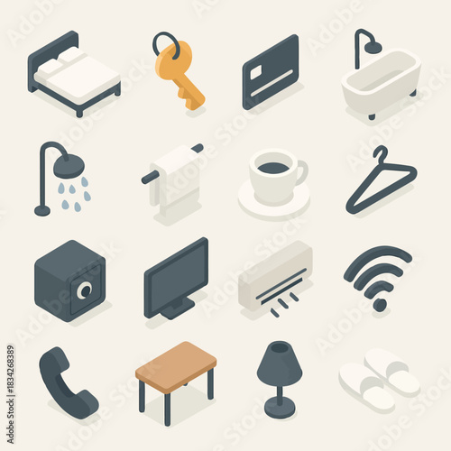 Isometric icons of everyday household and tech items