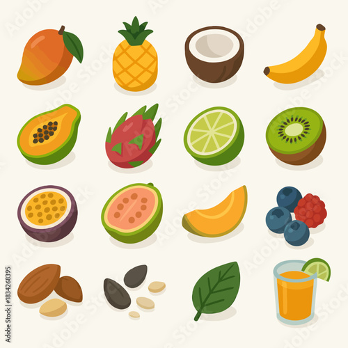 Colorful tropical fruits assortment with smoothie and seeds on light background