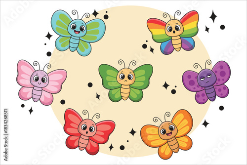 Seven colorful, happy cartoon butterflies flying around a central, light-colored background