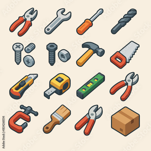 Collection of hand tools and hardware: pliers, screwdriver, saw, hammer, screws