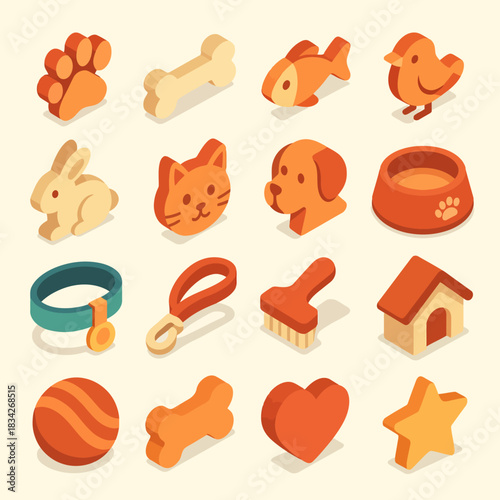 Colorful collection of pet-themed icons featuring toys and accessories