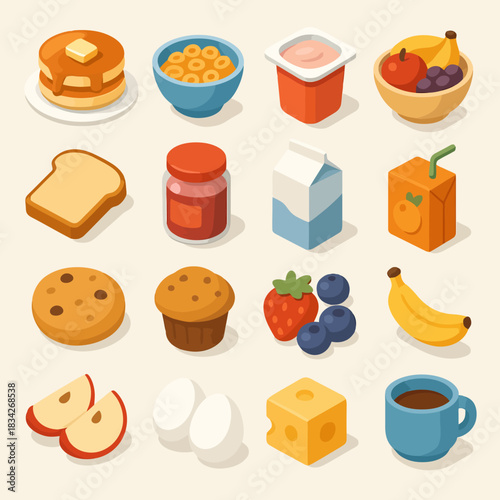 Breakfast food items: pancakes, cereal, yogurt, fruits, juice, cookies, muffins